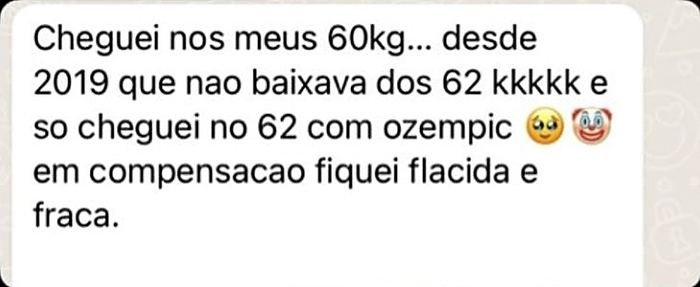 Print de conversa no WhatsApp: paciente conta que chegou aos 60 kg, resultado que não conseguia desde 2019.